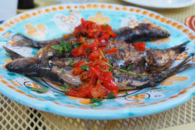 Close-up of served in plate on table