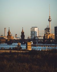 Buildings by bridge