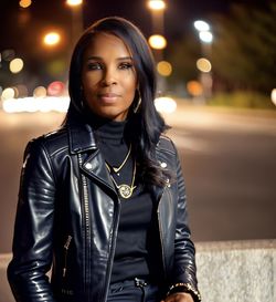 Portrait of young woman in city at night