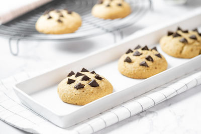 High angle view of cookies in plate on table