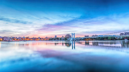 Bridge over river against sky during sunset