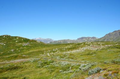 Scenic view of mountains against clear blue sky