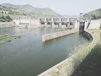 High angle view of dam bridge over river