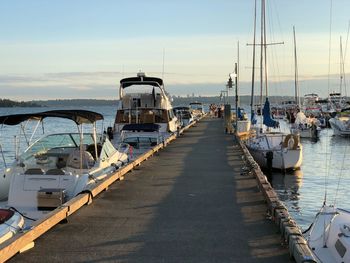 Boats moored at harbor against sky