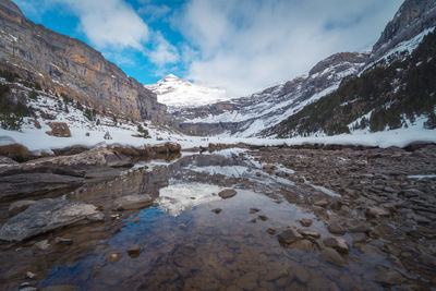 Scenic view of lake by snowcapped mountains against sky