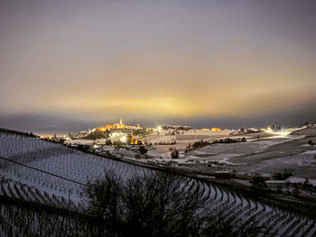 High angle view of city buildings during winter