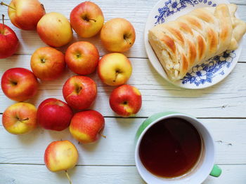 High angle view of apples in bowl on table