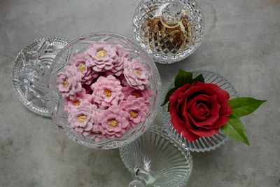 High angle view of rose bouquet on table