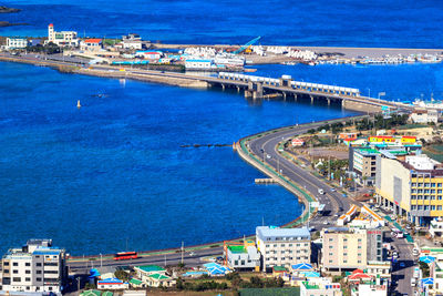 High angle view of city at waterfront