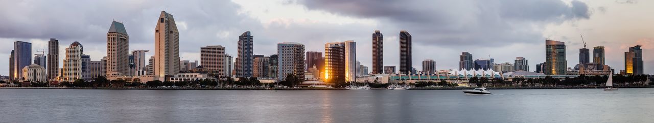 Panoramic view of city by river against sky