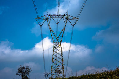 High voltage pylon with blue sky and white clouds