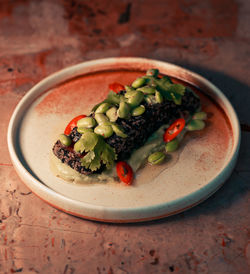 High angle view of food in bowl on table