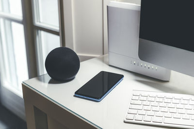 High angle view of laptop on table