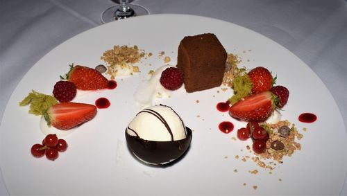 High angle view of dessert served in plate