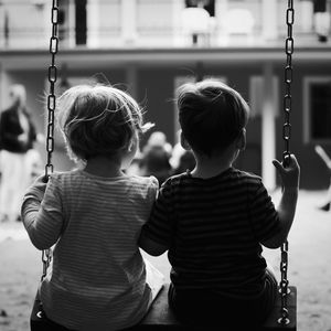 Rear view of siblings sitting on swing at playground