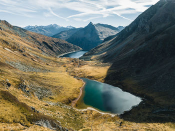 Aerial view of mountain lakes in fall in the austrian alps above gastein, salzburg, austria