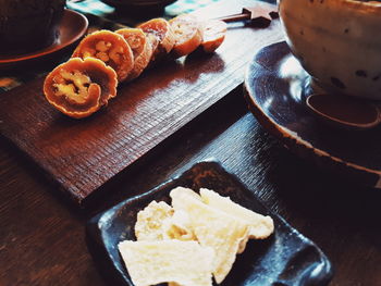 High angle view of food in plate on table