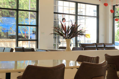 Empty chairs and table in restaurant