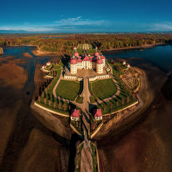 Panoramic view on schloss moritzburg, germany. drone photography.