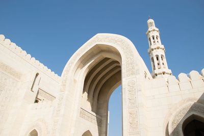 Low angle view of historical building against clear blue sky