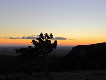 Silhouette tree on mountain against sky during sunset