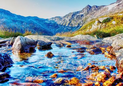 Scenic view of lake and mountains against sky