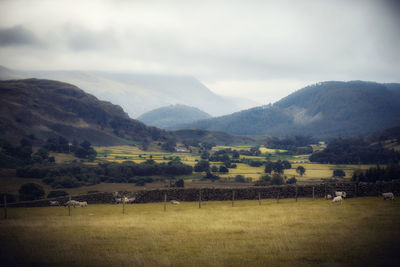 Scenic view of landscape and mountains against sky