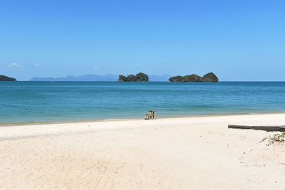 Scenic view of sea against clear blue sky in tanjung rhu, langkawi island, malaysia