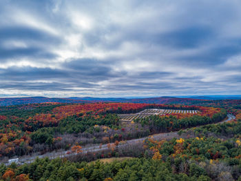 A solar array amongst autumn colors under a dramatic sky.