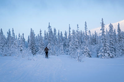 Woman on snow covered land against sky