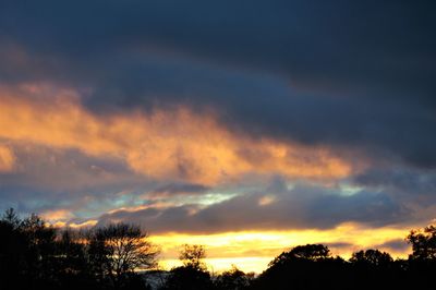 Low angle view of silhouette trees against dramatic sky