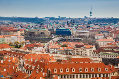 The beautiful prague city old town seen form the prague castle viewpoint in an early spring day