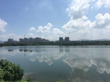 Reflection of clouds in calm lake