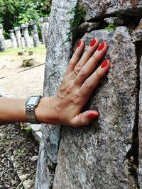 Close-up of woman hand on tree trunk