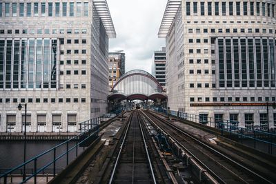 Railroad tracks amidst buildings in city against sky