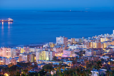 High angle view of city at sunset