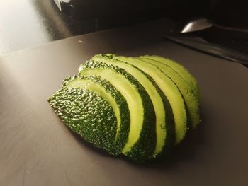 High angle view of green leaf on table