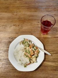 High angle view of meal served on table