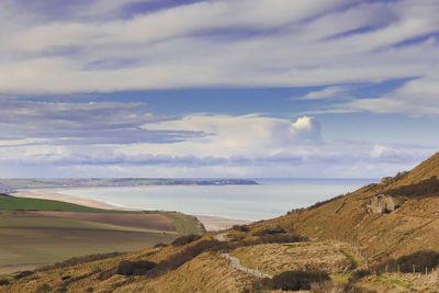 Scenic view of land and sea against sky