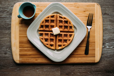 High angle view of waffle on a table