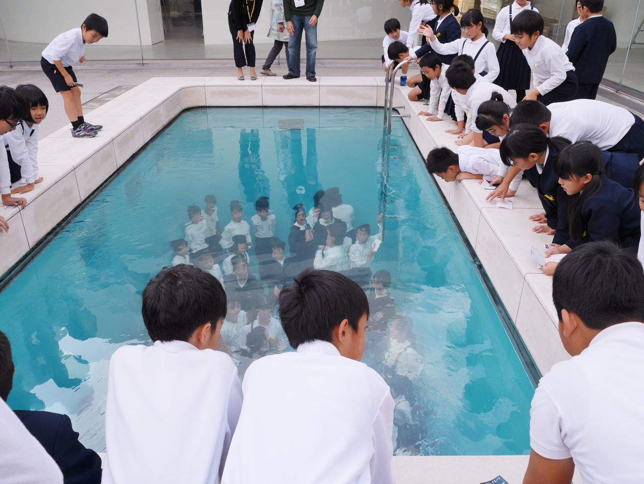 large group of people, real people, boys, high angle view, swimming pool, water, men, leisure activity, day, lifestyles, women, indoors