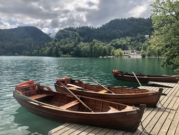 Boat moored in lake against sky