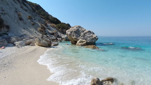 Scenic view of sea against clear blue sky