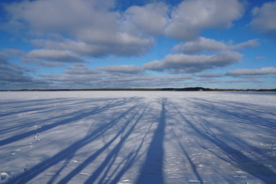 Snow covered land against sky