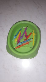 High angle view of green leaf on table