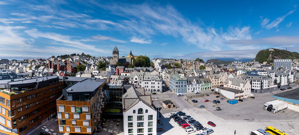 High angle view of buildings in city