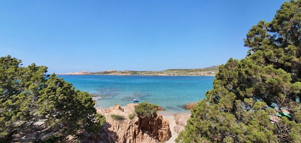 Scenic view of sea against clear blue sky