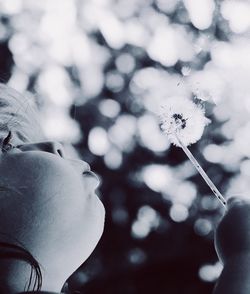 Close-up of girl blowing dandelion flower