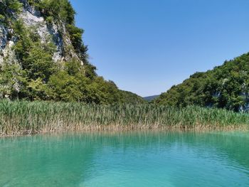 Scenic view of lake against clear blue sky