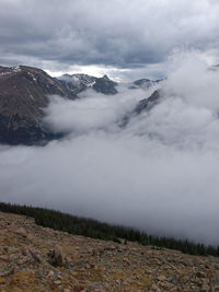 Scenic view of snow covered landscape against dramatic sky